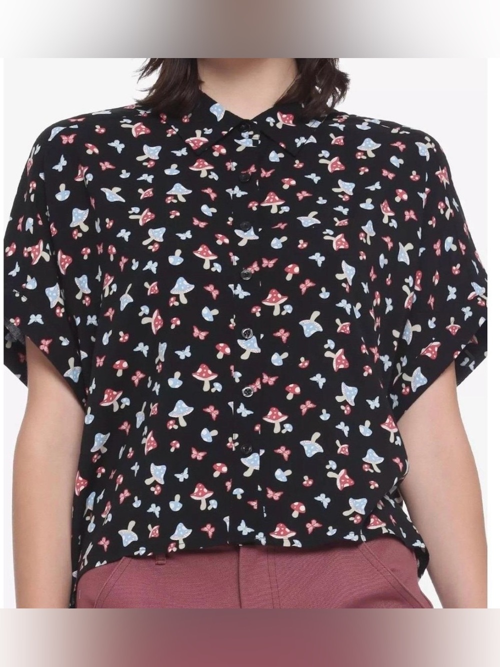 Hot Topic Black Top with Blue & Pink Mushroom Print
